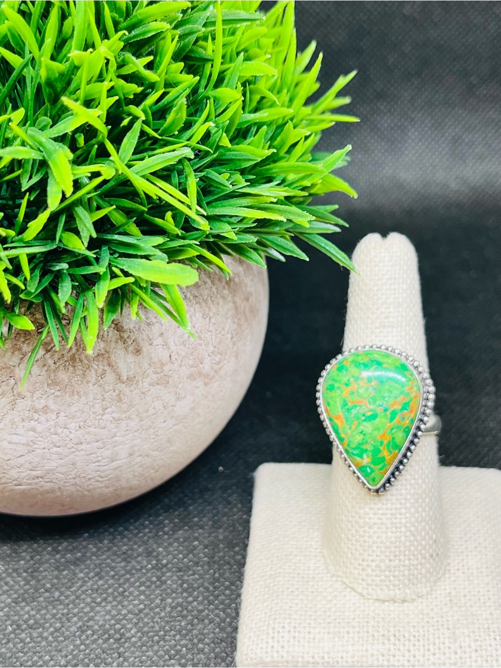 Teardrop Green Turquoise Ring set in Silver. Natural Gemstone.